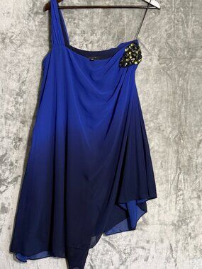 R&M Richards Blue One Shoulder Asymmetrical Chiffon Dress Jeweled Shoulder Size